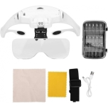 Magnifier spectacles and headband w. LED, Acrylic Glass, 5 lenses, USB charged